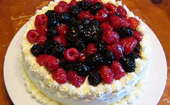 French Vanilla Cake with Blueberry Filling and Fresh Fruit Basket